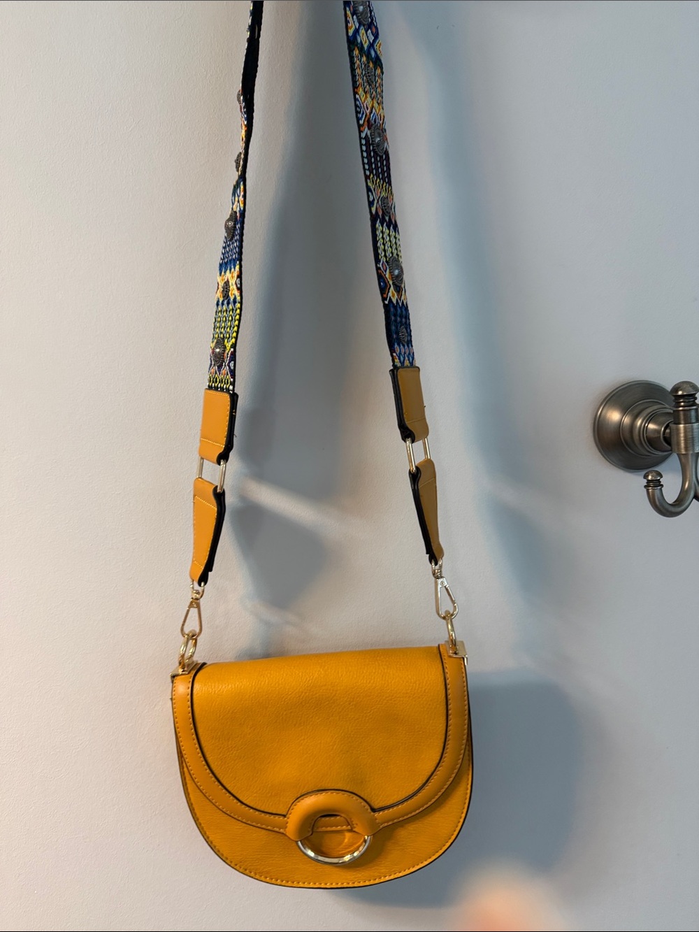 Aldo Mustard Yellow Saddle Crossbody with Patterned Strap